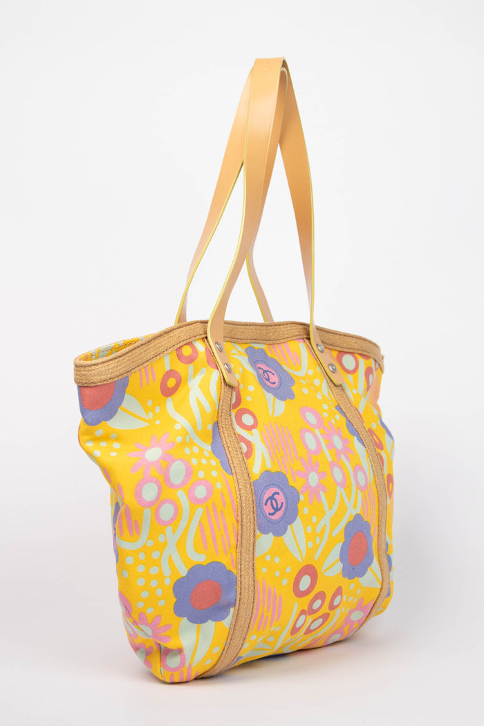 2000s Chanel Yellow Floral Canvas Tote Bag