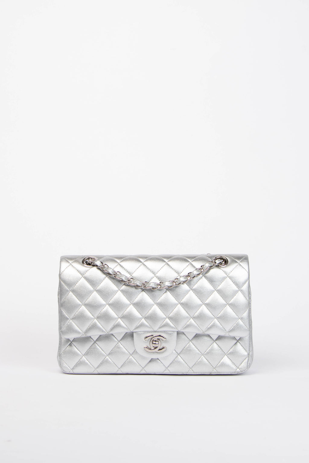 RARE Chanel Silver Lambskin Medium Double Flap Shoulder Bag