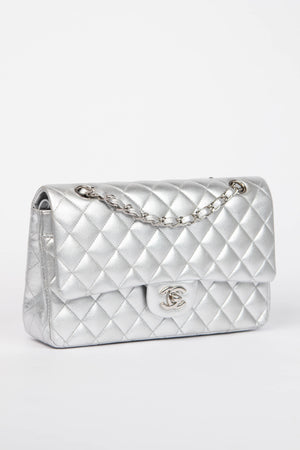RARE Chanel Silver Lambskin Medium Double Flap Shoulder Bag