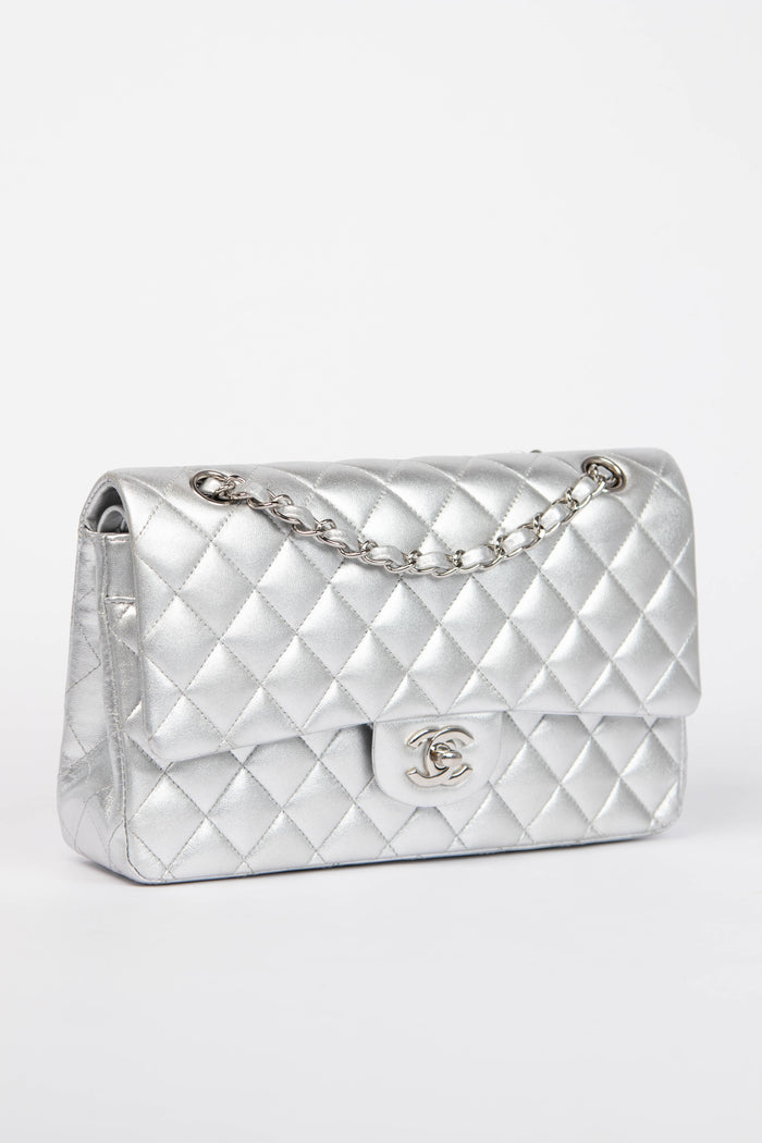 RARE Chanel Silver Lambskin Medium Double Flap Shoulder Bag