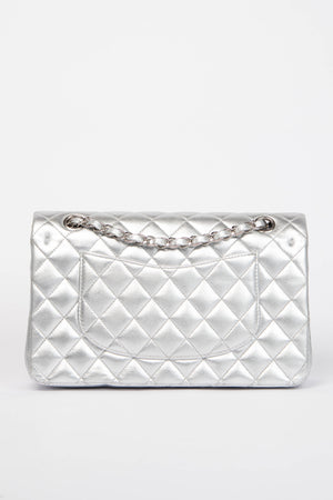 RARE Chanel Silver Lambskin Medium Double Flap Shoulder Bag