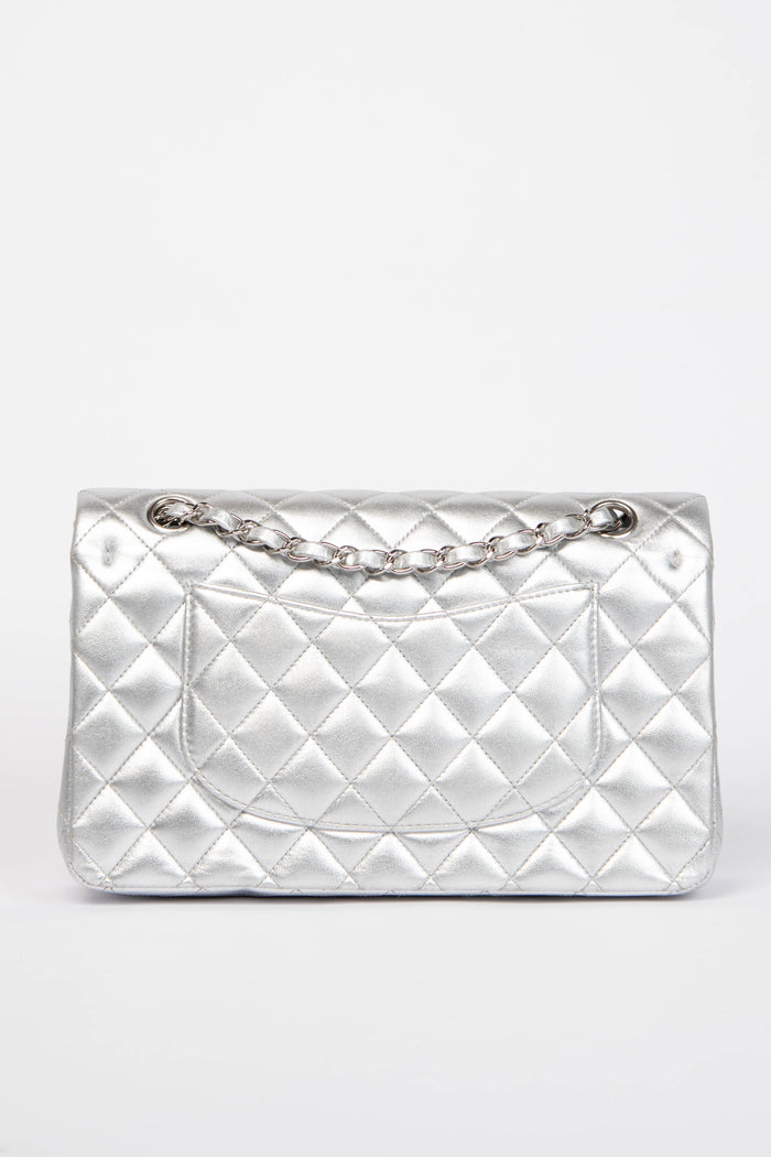 RARE Chanel Silver Lambskin Medium Double Flap Shoulder Bag