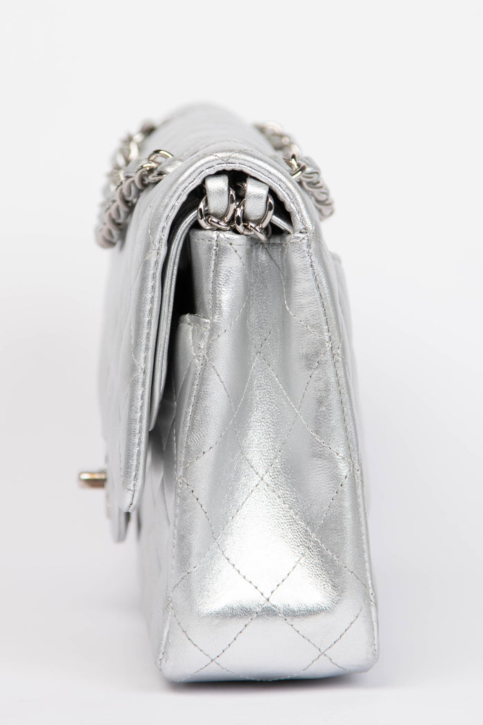 RARE Chanel Silver Lambskin Medium Double Flap Shoulder Bag