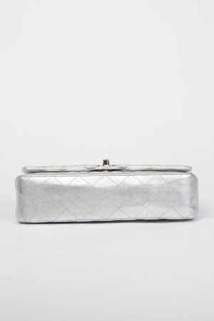 RARE Chanel Silver Lambskin Medium Double Flap Shoulder Bag