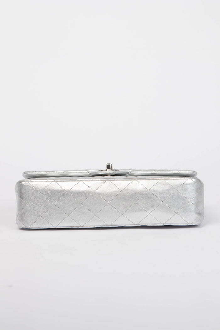 RARE Chanel Silver Lambskin Medium Double Flap Shoulder Bag