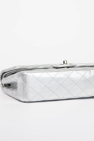 RARE Chanel Silver Lambskin Medium Double Flap Shoulder Bag