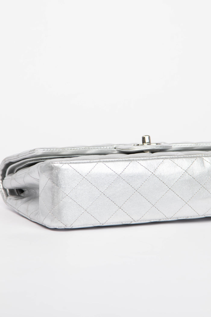 RARE Chanel Silver Lambskin Medium Double Flap Shoulder Bag
