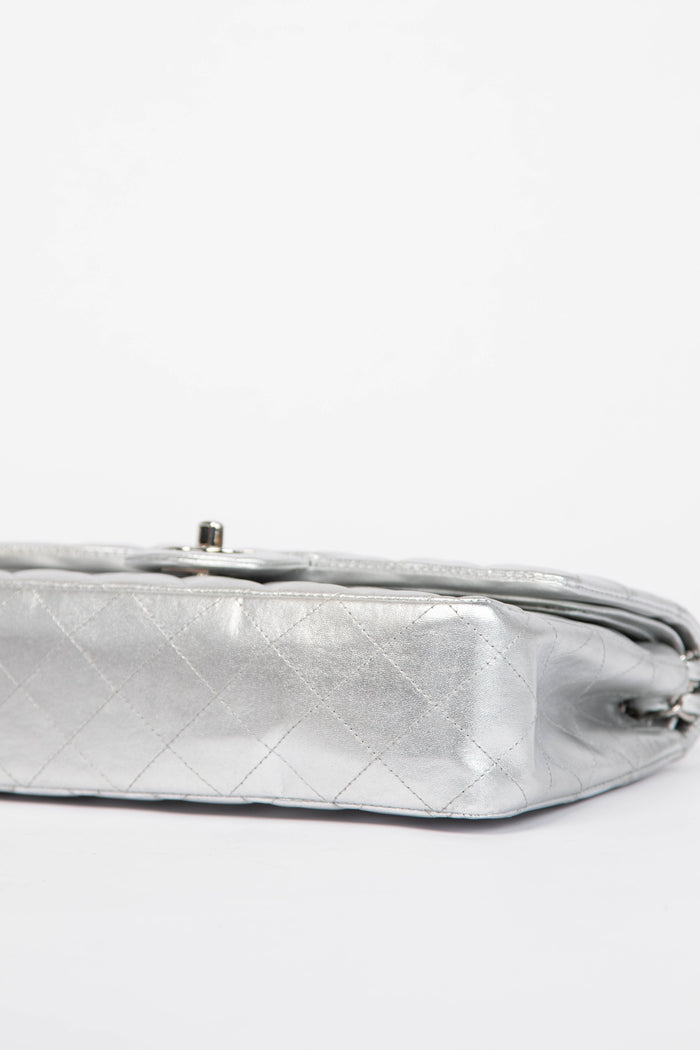 RARE Chanel Silver Lambskin Medium Double Flap Shoulder Bag