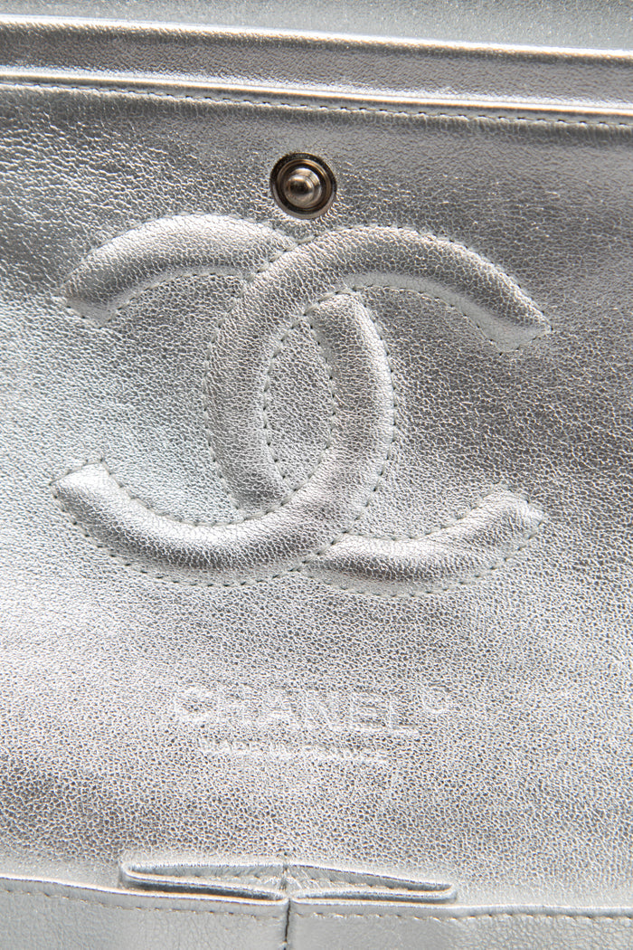 RARE Chanel Silver Lambskin Medium Double Flap Shoulder Bag