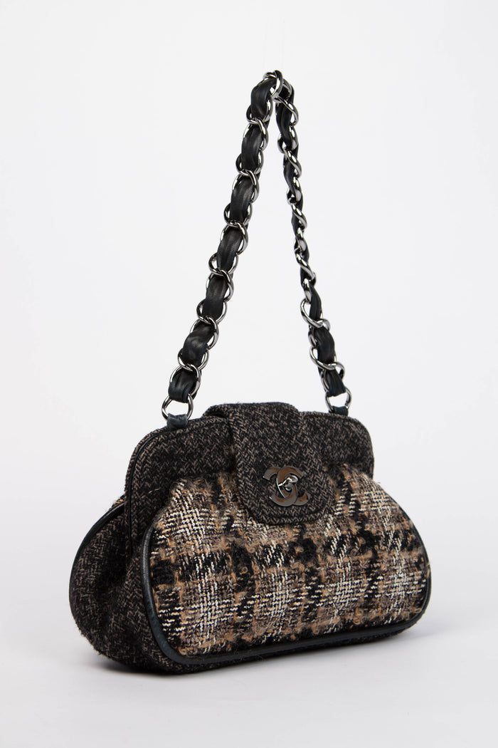 2000s Chanel Grey Tweed Frame Shoulder Bag