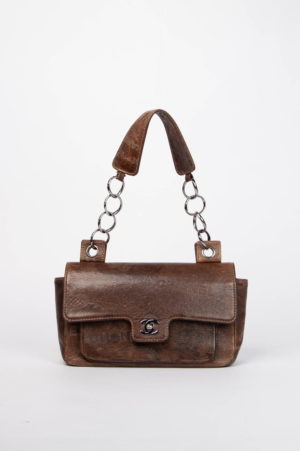 2000s Chanel Brown Leather Graffiti Shoulder Bag