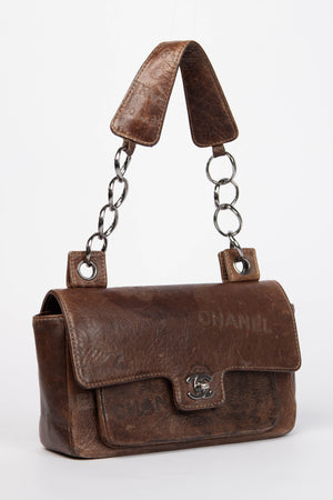 2000s Chanel Brown Leather Graffiti Shoulder Bag