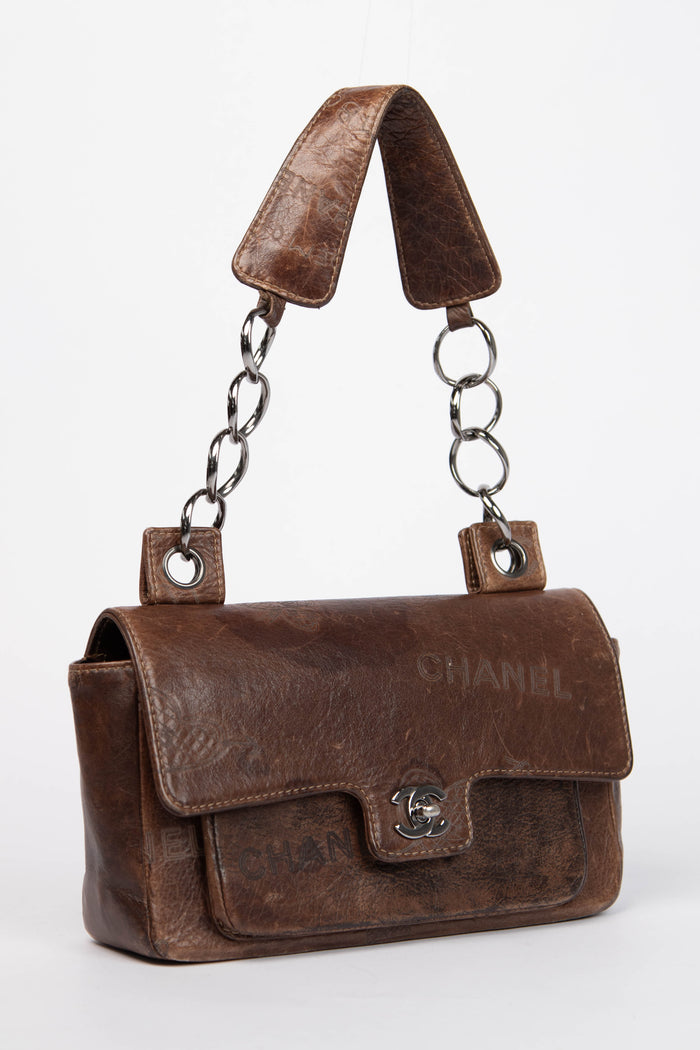 2000s Chanel Brown Leather Graffiti Shoulder Bag