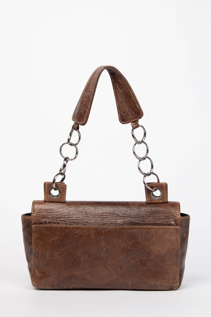 2000s Chanel Brown Leather Graffiti Shoulder Bag