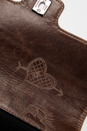 2000s Chanel Brown Leather Graffiti Shoulder Bag