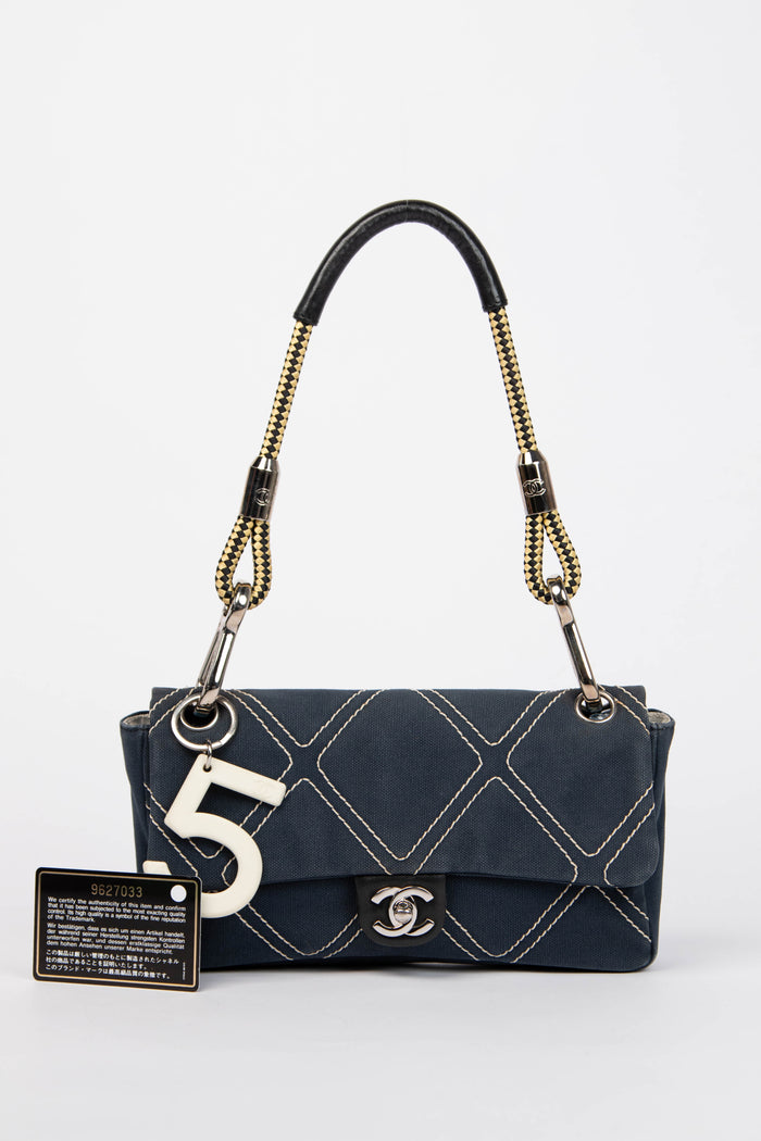 2000s Chanel Navy Stitched Canvas No.5 Single Flap Bag