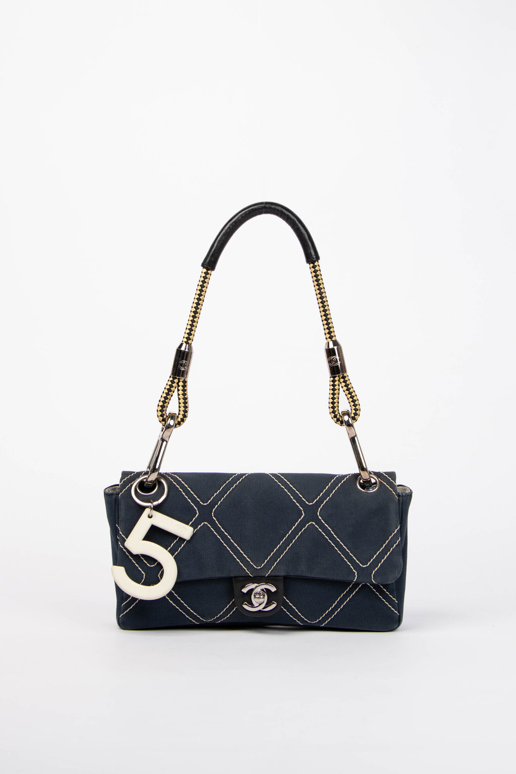 2000s Chanel Navy Stitched Canvas No.5 Single Flap Bag