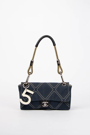 2000s Chanel Navy Stitched Canvas No.5 Single Flap Bag