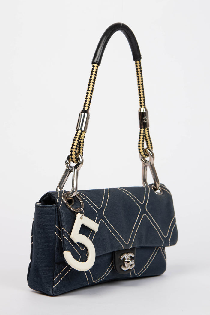 2000s Chanel Navy Stitched Canvas No.5 Single Flap Bag