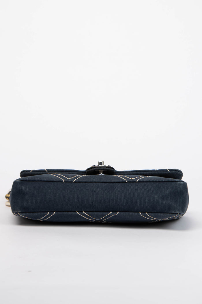 2000s Chanel Navy Stitched Canvas No.5 Single Flap Bag