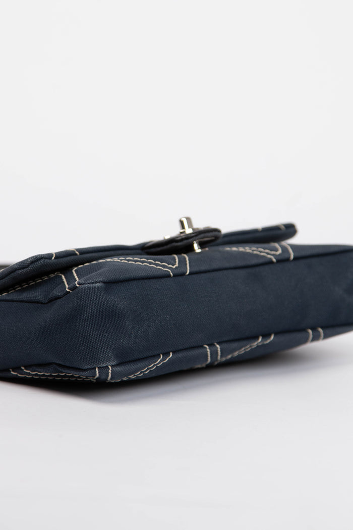 2000s Chanel Navy Stitched Canvas No.5 Single Flap Bag
