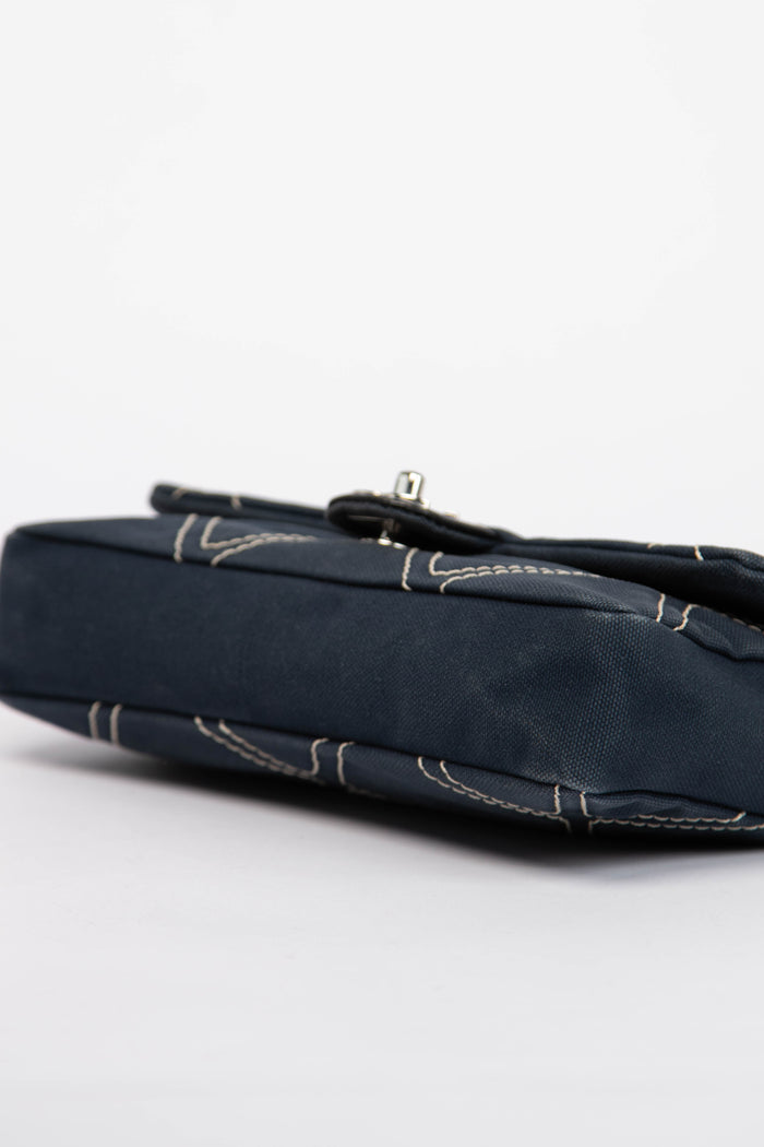 2000s Chanel Navy Stitched Canvas No.5 Single Flap Bag