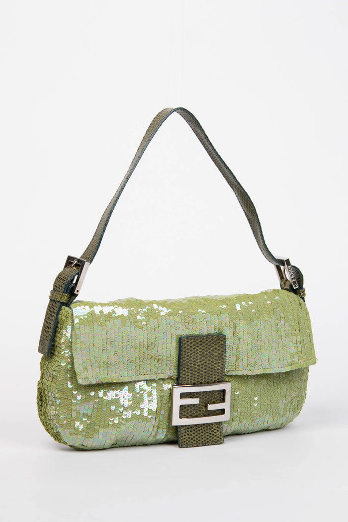 RARE Fendi Green Sequin and Python Leather Baguette Bag