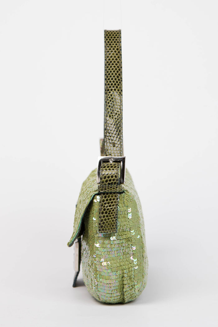 RARE Fendi Green Sequin and Python Leather Baguette Bag