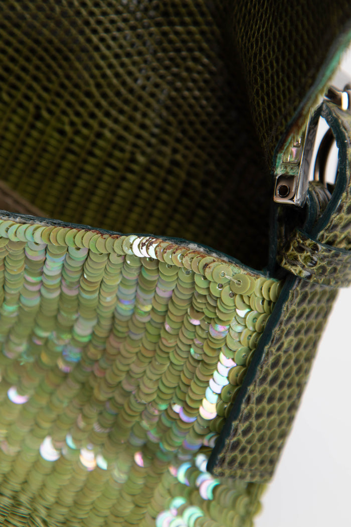 RARE Fendi Green Sequin and Python Leather Baguette Bag