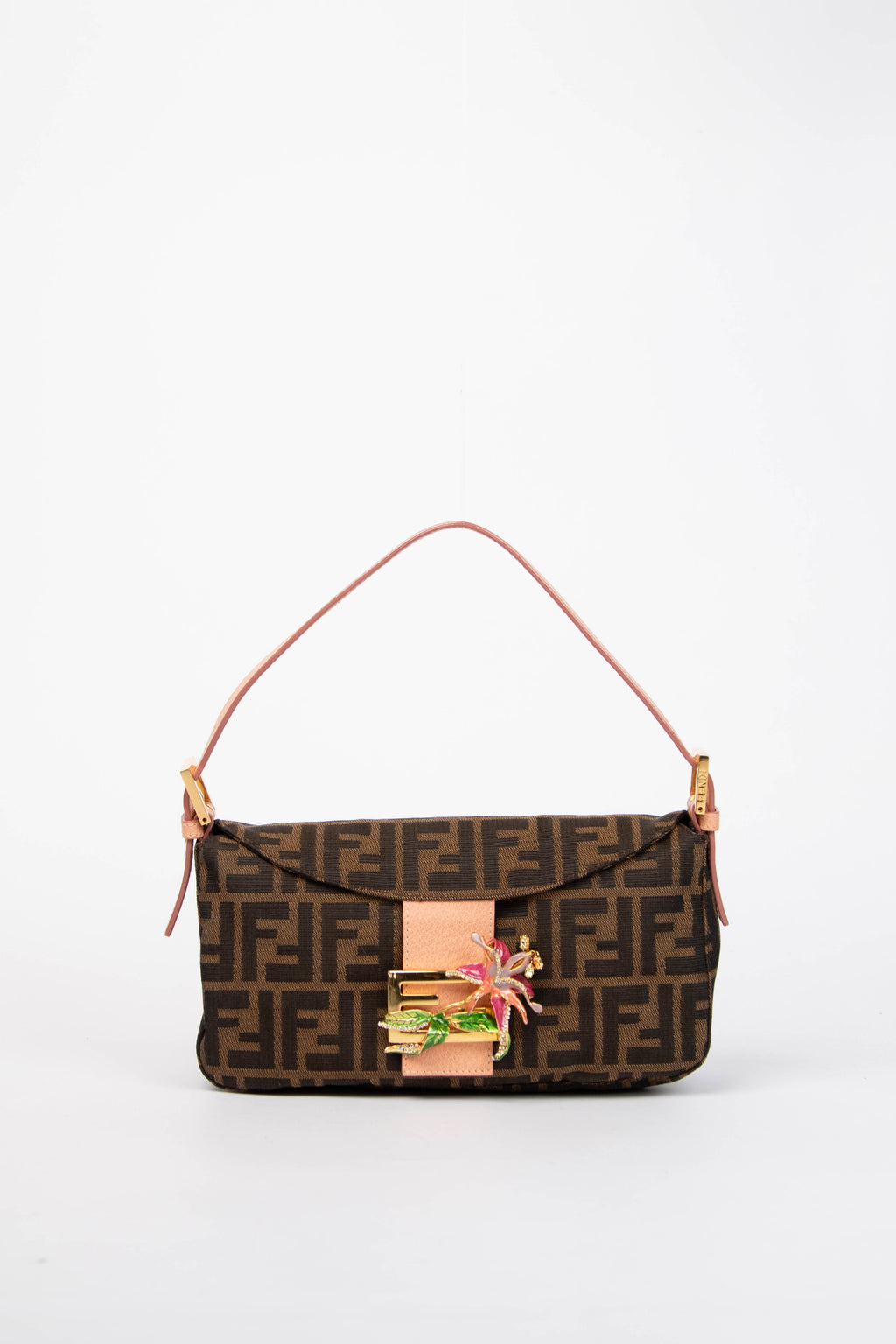 RARE Fendi Zucca Flower Embellished Baguette Shoulder Bag