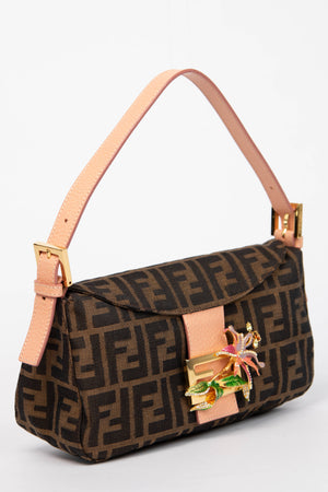 RARE Fendi Zucca Flower Embellished Baguette Shoulder Bag