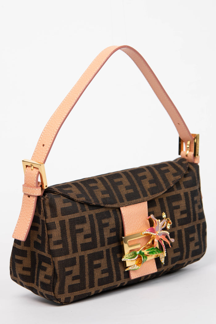 RARE Fendi Zucca Flower Embellished Baguette Shoulder Bag
