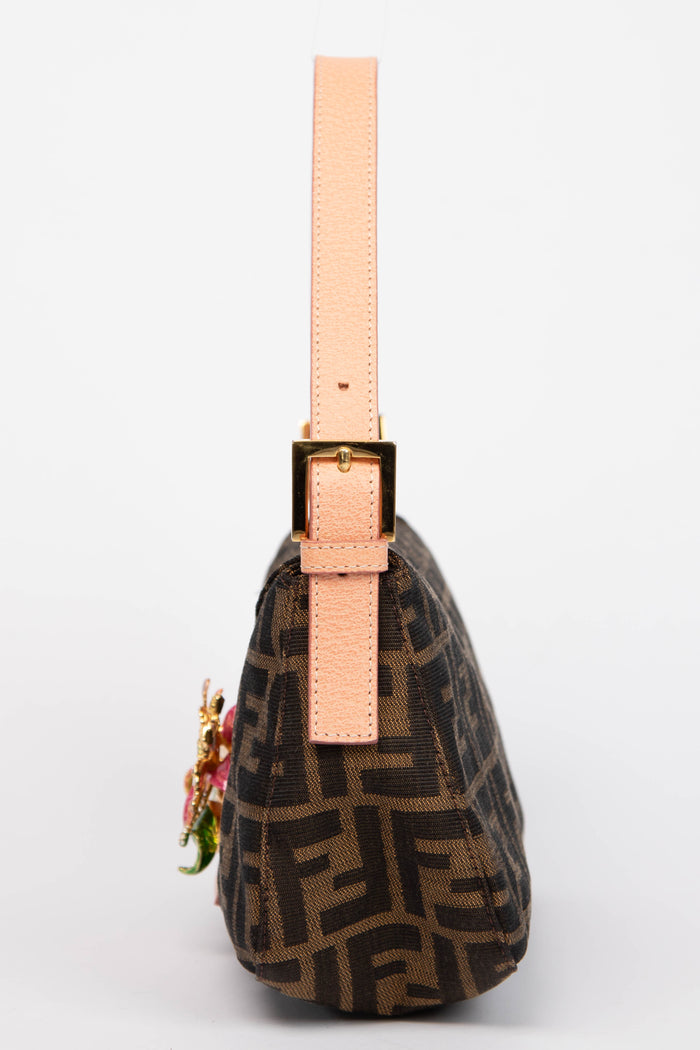 RARE Fendi Zucca Flower Embellished Baguette Shoulder Bag