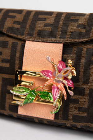 RARE Fendi Zucca Flower Embellished Baguette Shoulder Bag