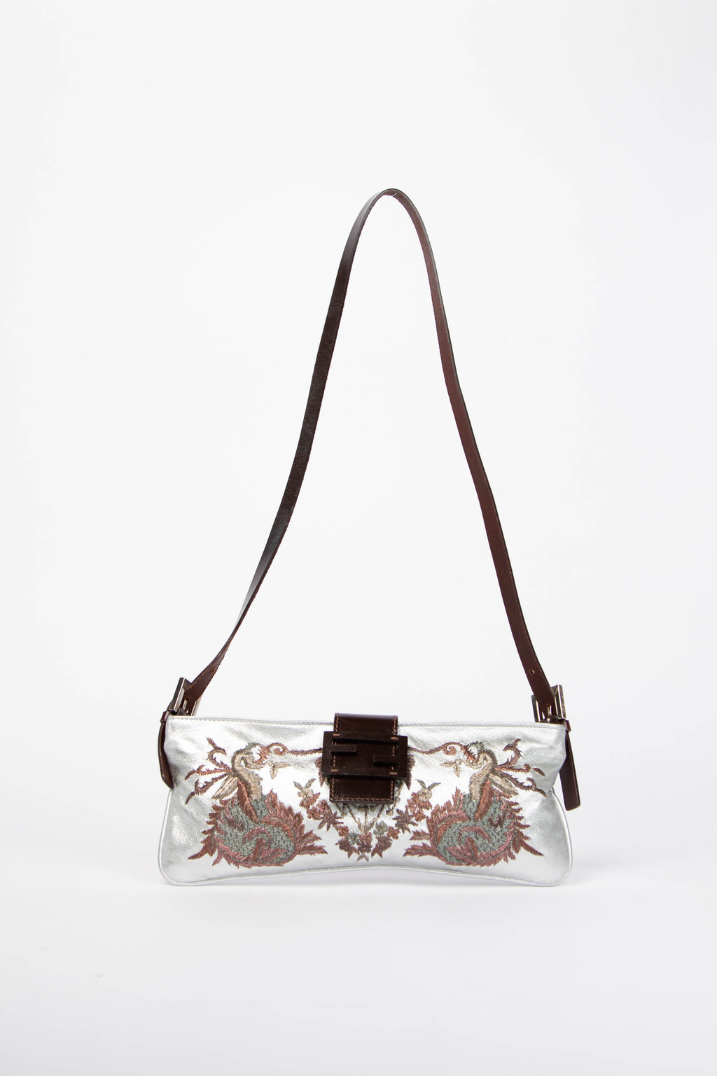 Vintage Fendi Silver Embroidered Leather Shoulder Bag