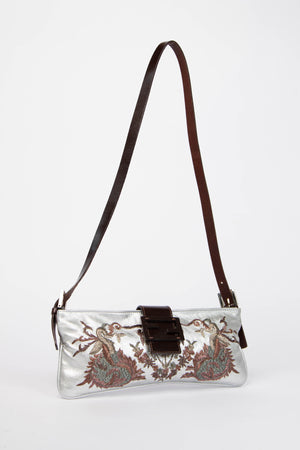 Vintage Fendi Silver Embroidered Leather Shoulder Bag