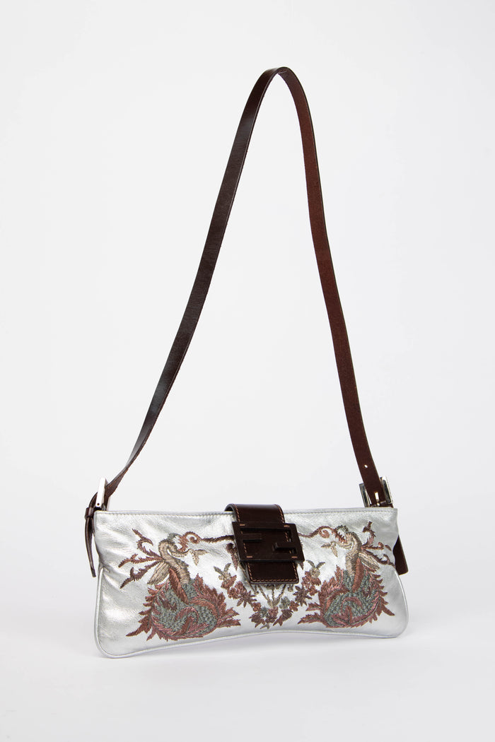 Vintage Fendi Silver Embroidered Leather Shoulder Bag