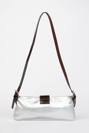 Vintage Fendi Silver Embroidered Leather Shoulder Bag