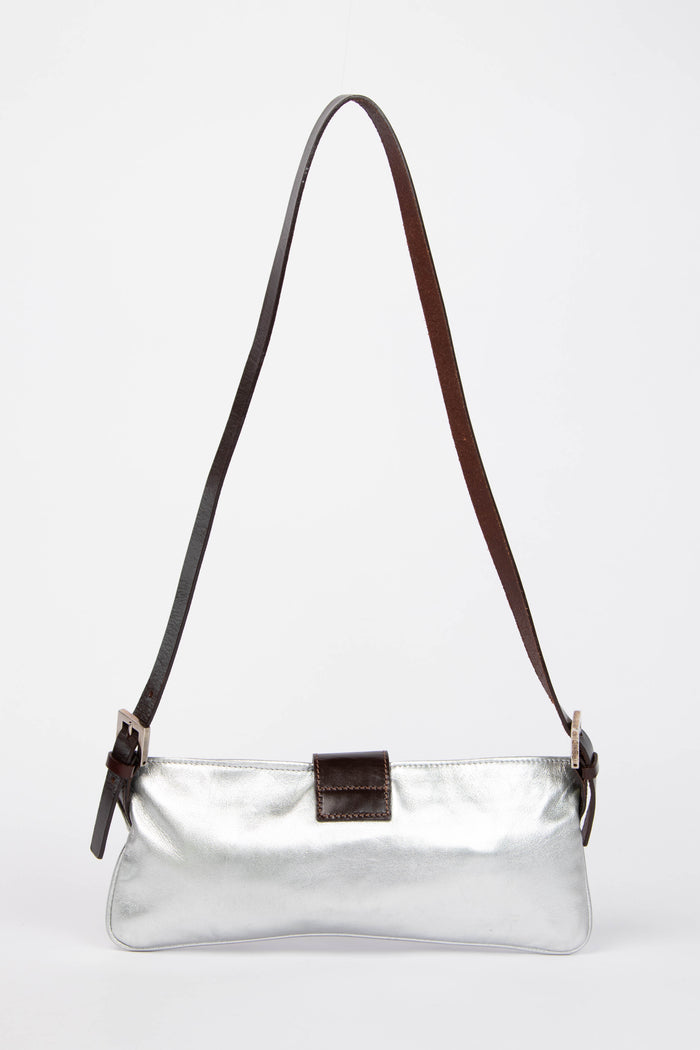 Vintage Fendi Silver Embroidered Leather Shoulder Bag