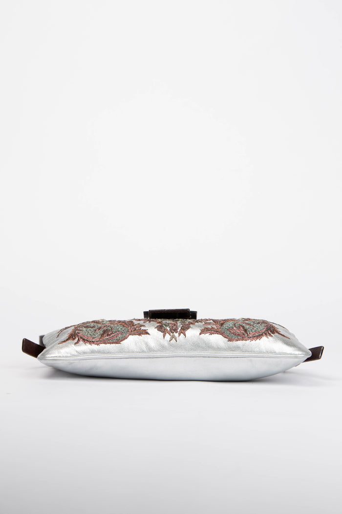 Vintage Fendi Silver Embroidered Leather Shoulder Bag