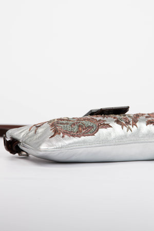 Vintage Fendi Silver Embroidered Leather Shoulder Bag