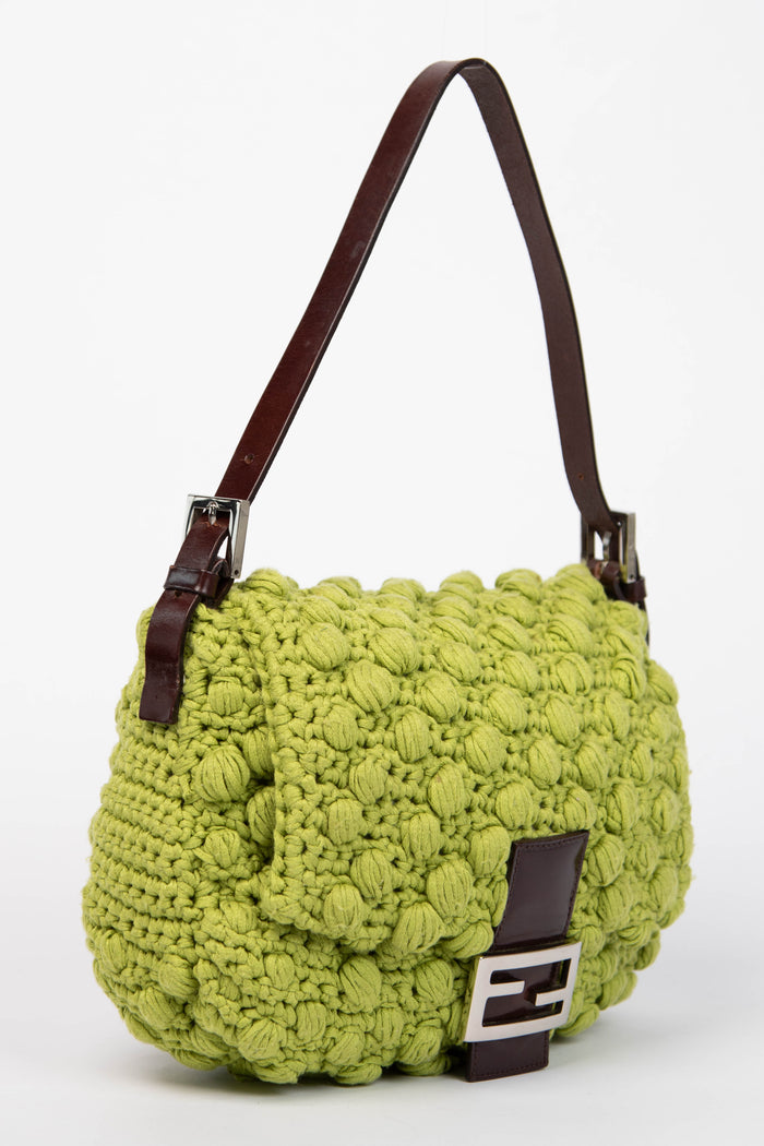 Vintage Fendi Green Knitted Mamma Baguette Shoulder Bag