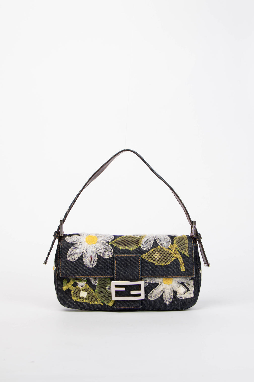 Vintage Fendi Denim Baguette with Mesh Flower Appliqué