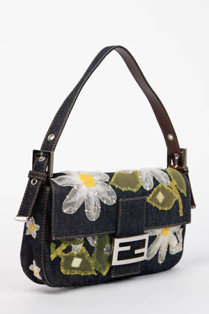 Vintage Fendi Denim Baguette with Mesh Flower Appliqué