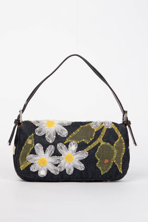 Vintage Fendi Denim Baguette with Mesh Flower Appliqué