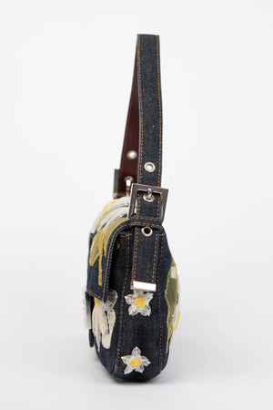 Vintage Fendi Denim Baguette with Mesh Flower Appliqué