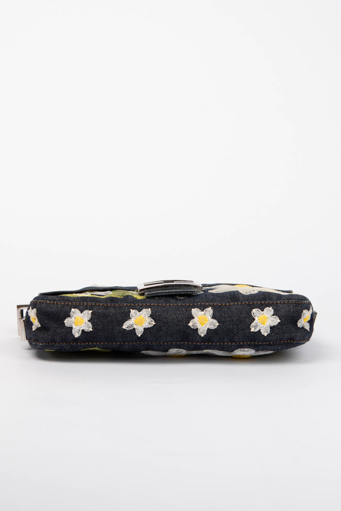 Vintage Fendi Denim Baguette with Mesh Flower Appliqué