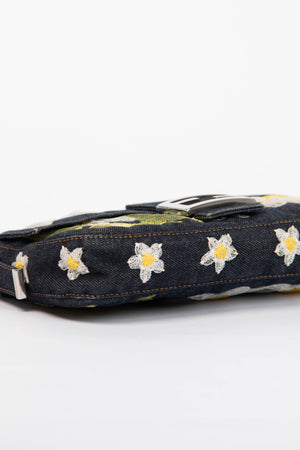 Vintage Fendi Denim Baguette with Mesh Flower Appliqué