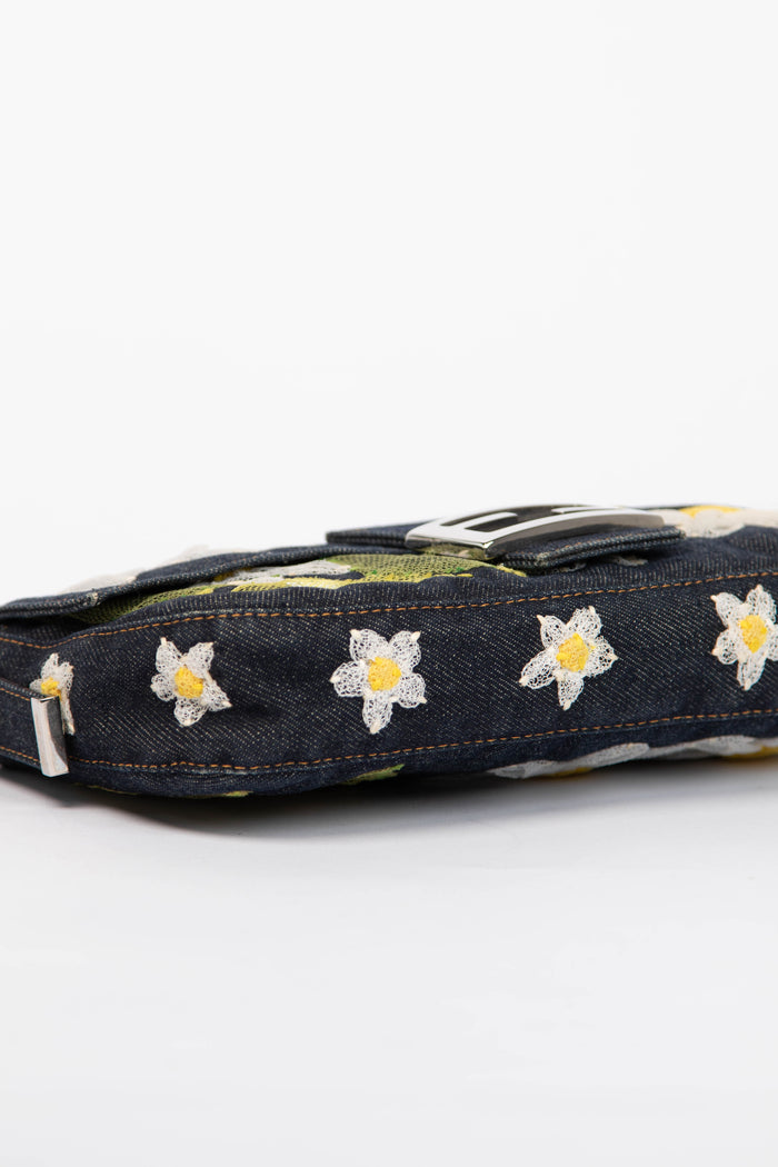 Vintage Fendi Denim Baguette with Mesh Flower Appliqué