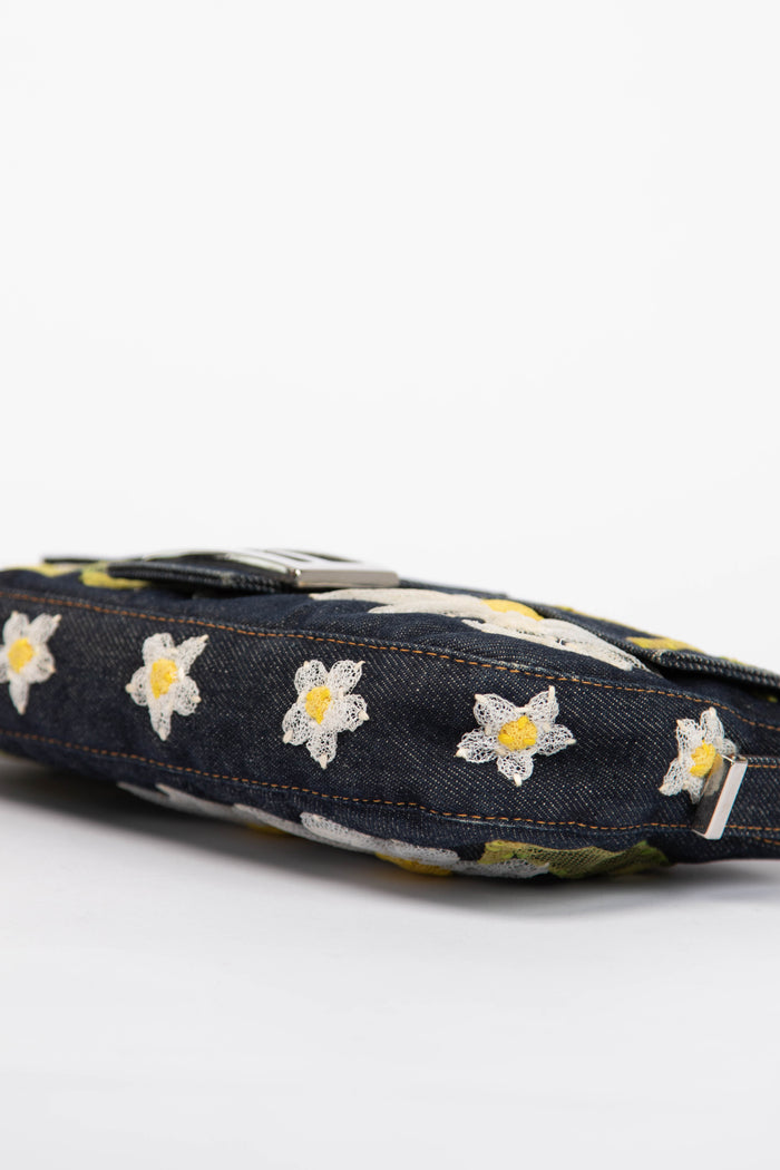 Vintage Fendi Denim Baguette with Mesh Flower Appliqué